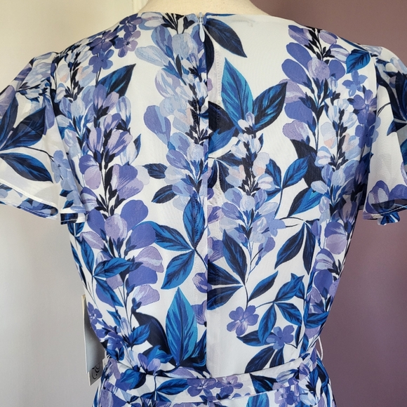 NWT Eliza J Blue Floral V-Neck Flutter Sleeve Ruffle Waist Tie Formal Maxi Dress - Picture 12 of 16